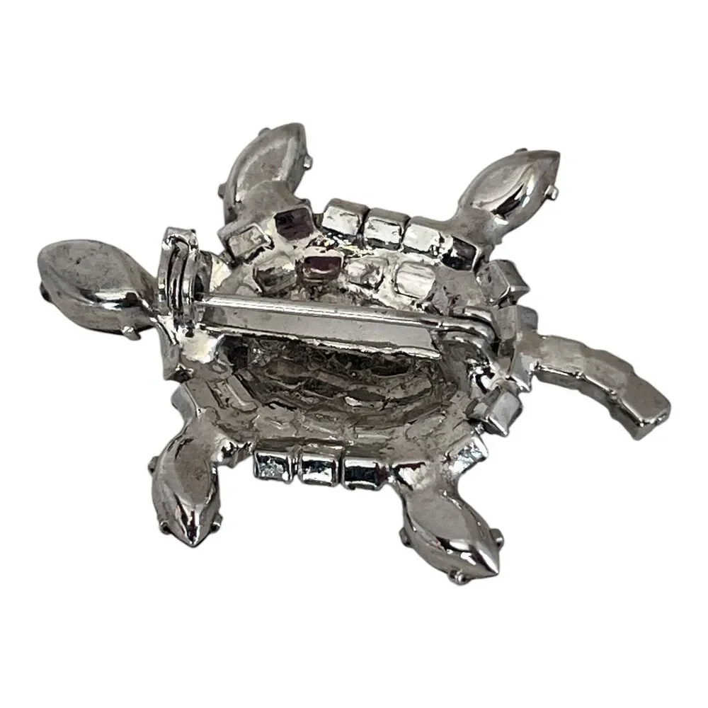 Vintage 1960s Turtle Brooch Rhinestone Gray Clear Crystal Silver Tone Pin - 8T